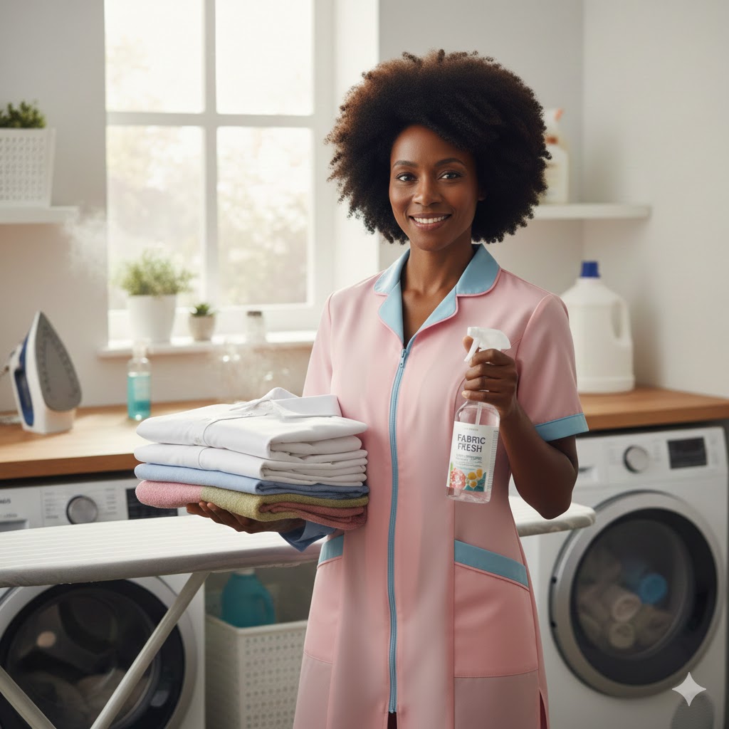 Profissional de limpeza organizando uma casa